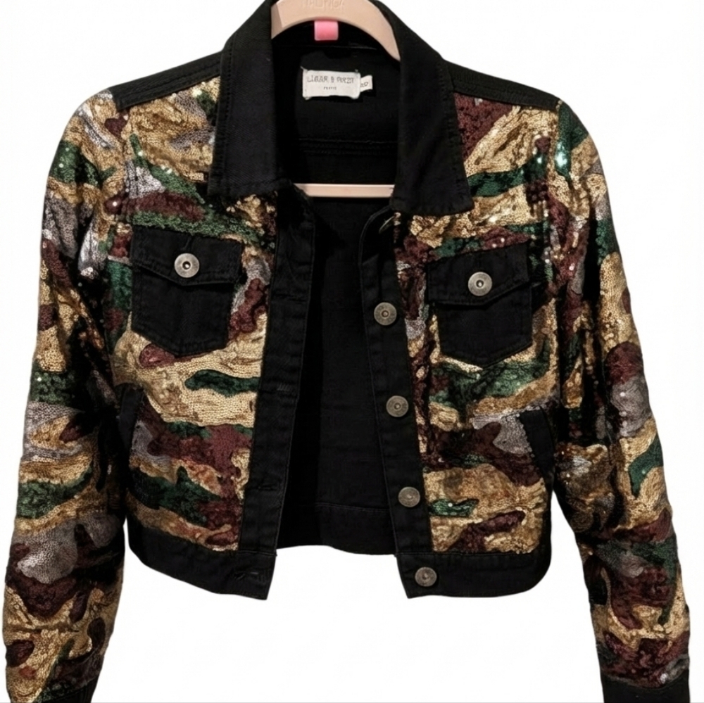Liquor N Poker Petite Sequin Camo Cropped Denim Jacket | Festival Glam Coat US 4